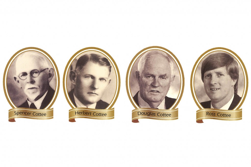 The faces of four successive generations of Cottee. The faces of four central architects of the Australian casein and dairy industry. From left: Spencer Cottee [1863-1944], Herbert Cottee [1891-1980], Douglas Cottee [1922-2007], Ross Cottee [current Managing Director]